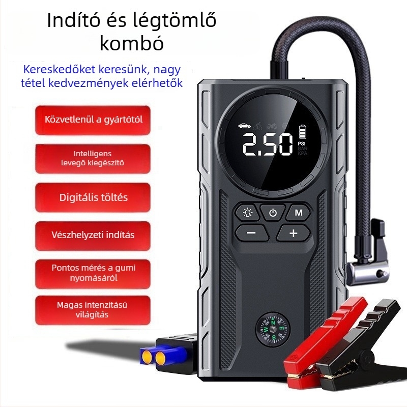 Autó vészindító áramforrás és levegőpumpa – mindent egyben, 12V, 1800A, 200W, USB töltés, levegőáram 35 L/min