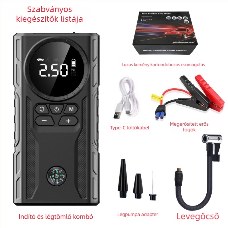 Autó vészindító áramforrás és levegőpumpa – mindent egyben, 12V, 1800A, 200W, USB töltés, levegőáram 35 L/min