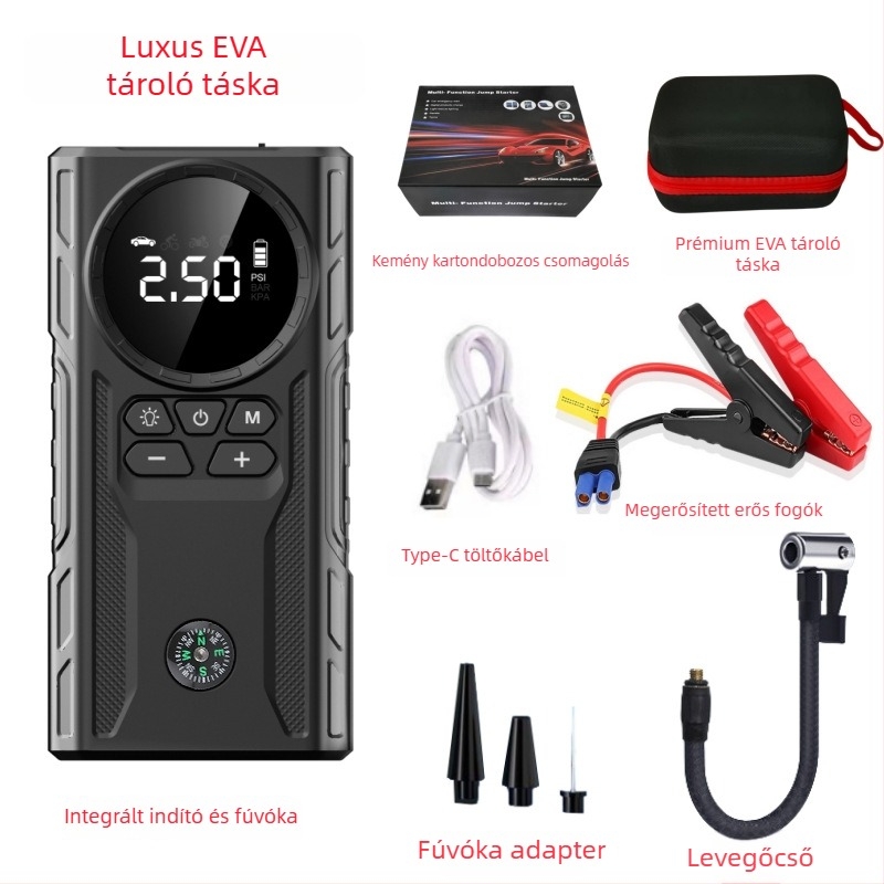 Autó vészindító áramforrás és levegőpumpa – mindent egyben, 12V, 1800A, 200W, USB töltés, levegőáram 35 L/min