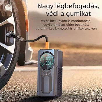 Hordozható autó gumí pumpa digitális kijelzővel és vezeték nélküli energiaellátással; 120W, 14.8V, 35 L/min, Type-C töltés, USB töltés