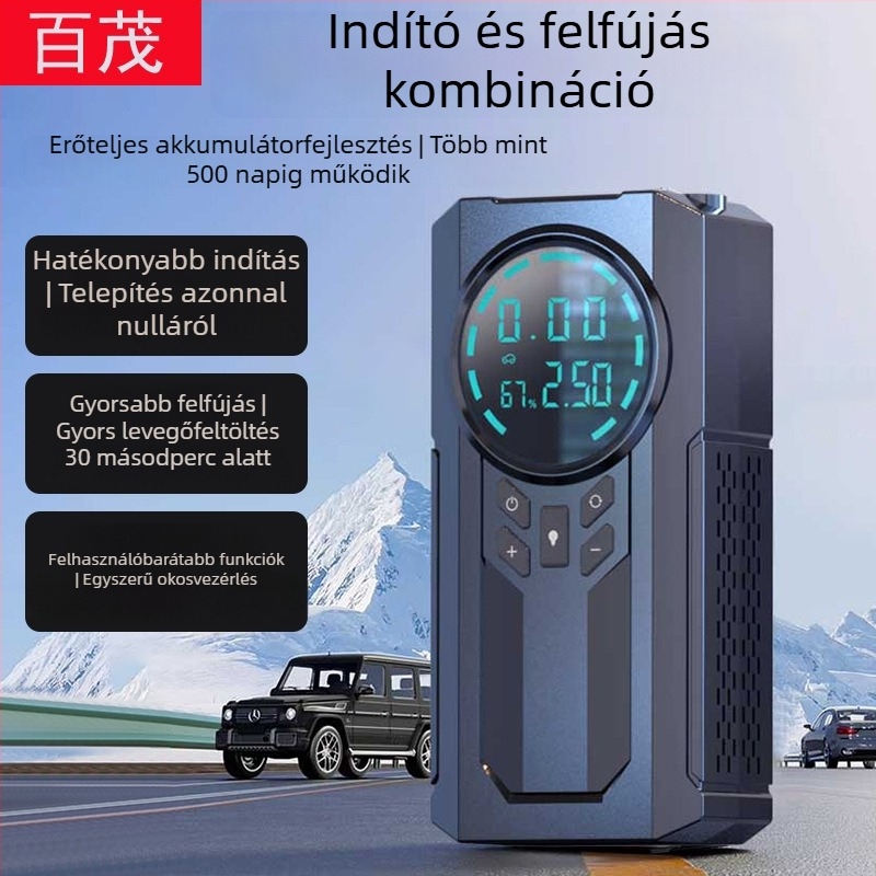 Hordozható autó gumí pumpa digitális kijelzővel és vezeték nélküli energiaellátással; 120W, 14.8V, 35 L/min, Type-C töltés, USB töltés