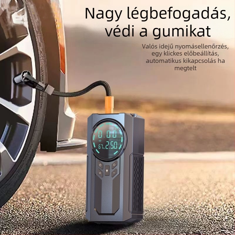 Hordozható autó gumí pumpa digitális kijelzővel és vezeték nélküli energiaellátással; 120W, 14.8V, 35 L/min, Type-C töltés, USB töltés
