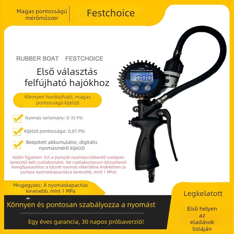 STM-08 Digitális Légnyomásmérő felfújható hajókhoz és kajakokhoz — 0–35 PSI, pontosság 0.01 PSI, háttérvilágításos kijelző, műanyag ház