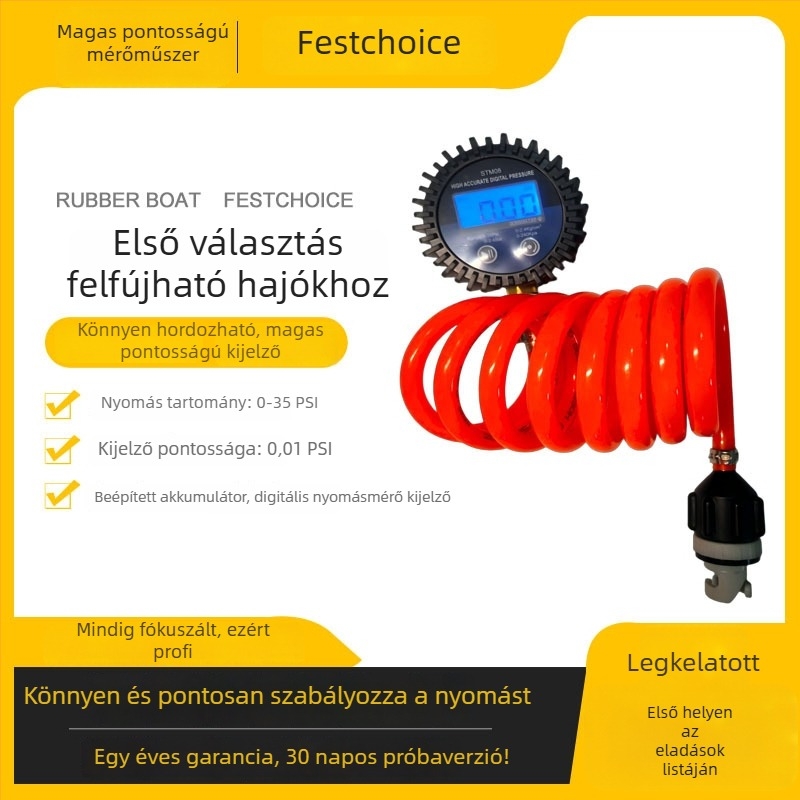 STM-08 Digitális Légnyomásmérő felfújható hajókhoz és kajakokhoz — 0–35 PSI, pontosság 0.01 PSI, háttérvilágításos kijelző, műanyag ház