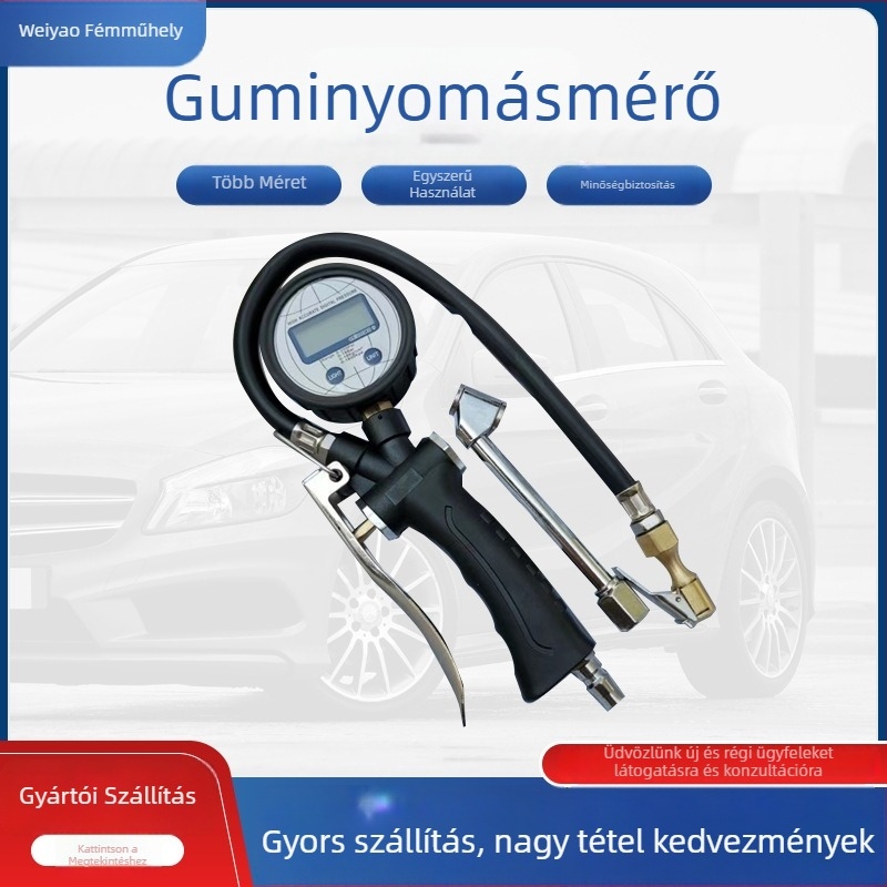 Digitális gumiabroncsnyomás-mérő inflátorral – magas pontosságú fém kivitel, 0–16 bar