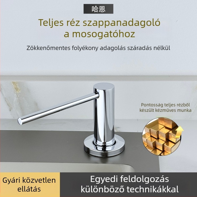 Konyhai mosogató mosószappan adagoló – 304 rozsdamentes acél, elektroplakálás, kézi nyomású működés, tömeg 250 g