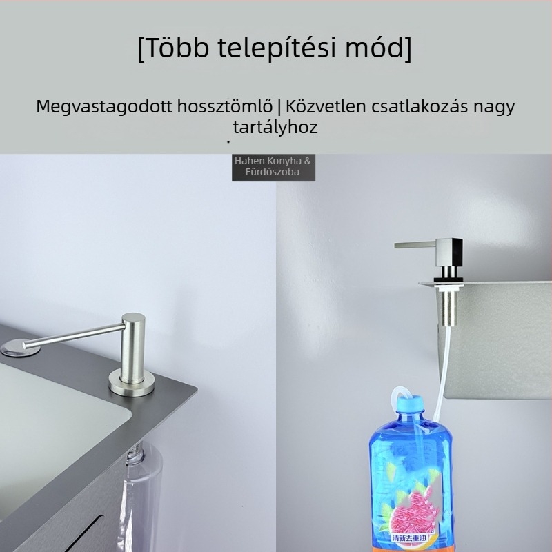 Konyhai mosogató mosószappan adagoló – 304 rozsdamentes acél, elektroplakálás, kézi nyomású működés, tömeg 250 g