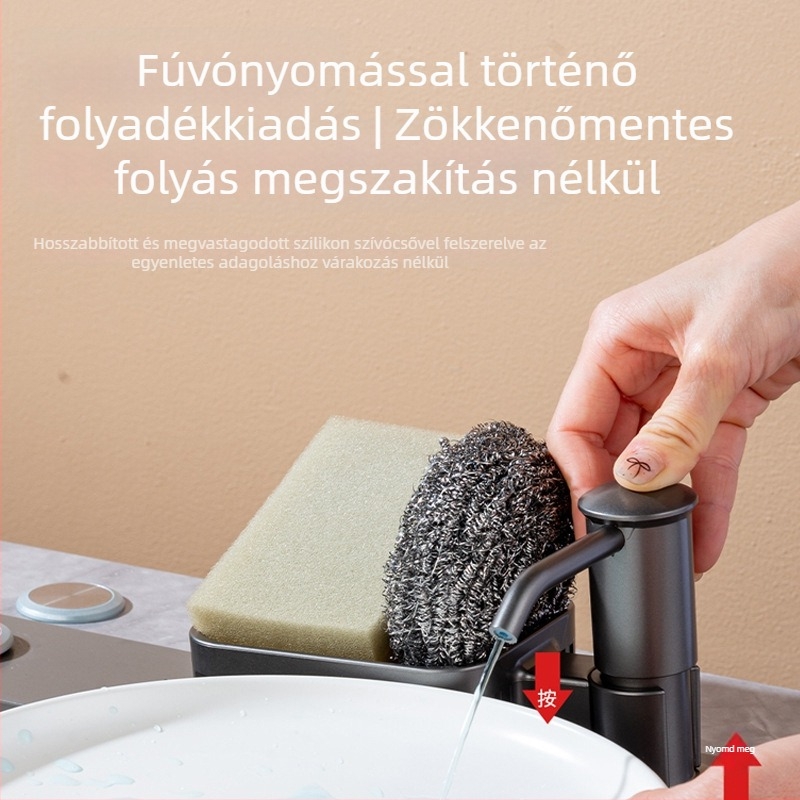 Konyhai szappanadagoló ABS-ből, kézi nyomású működés, galvanikus bevonat, modern minimalista dizájn, súly 0,5 kg