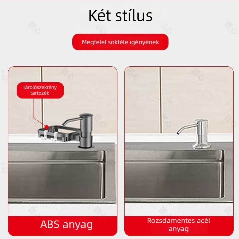 Konyhai szappanadagoló ABS-ből, kézi nyomású működés, galvanikus bevonat, modern minimalista dizájn, súly 0,5 kg