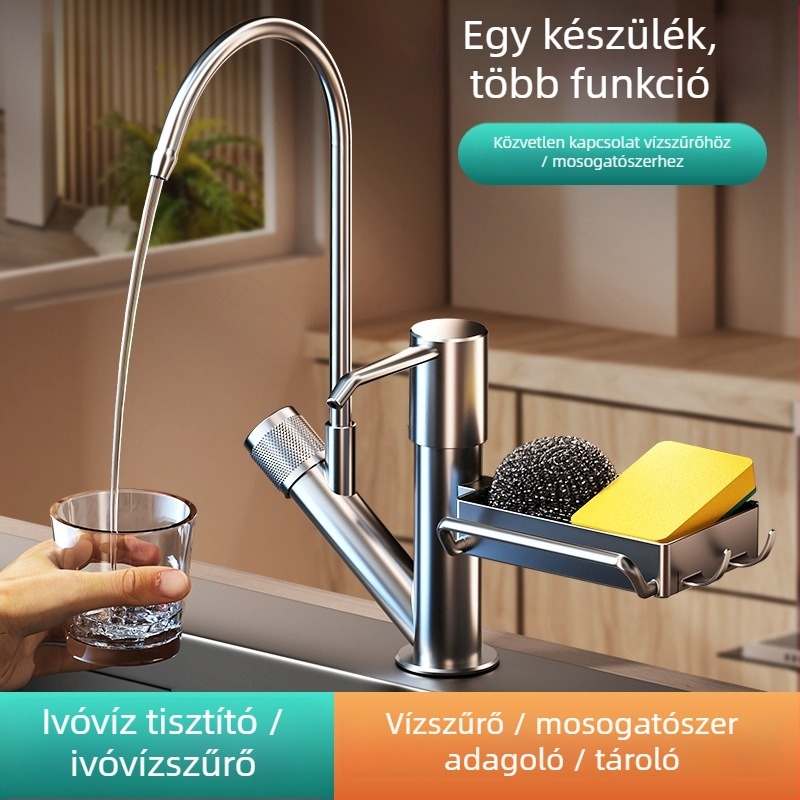 Konyhai mosószer adagoló kézi nyomású működtetéssel és integrált tálcával, ABS anyag, csiszolt felület, modern minimalista stílus, asztali szerelés
