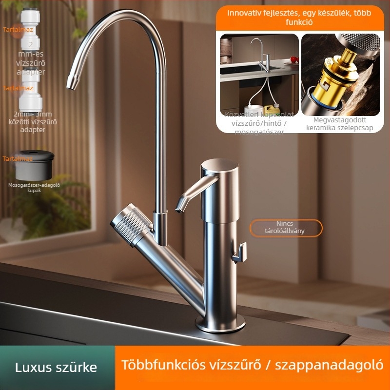 Konyhai mosószer adagoló kézi nyomású működtetéssel és integrált tálcával, ABS anyag, csiszolt felület, modern minimalista stílus, asztali szerelés