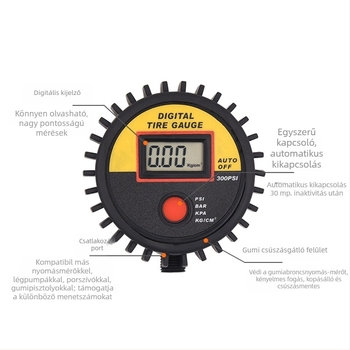 Magas pontosságú gumiabroncs-fújó digitális nyomásmérővel és LED-kijelzővel, tartomány 0-300 psi, pontosság +/-1.5 psi, ABS műanyag ház, CR2032 elem.