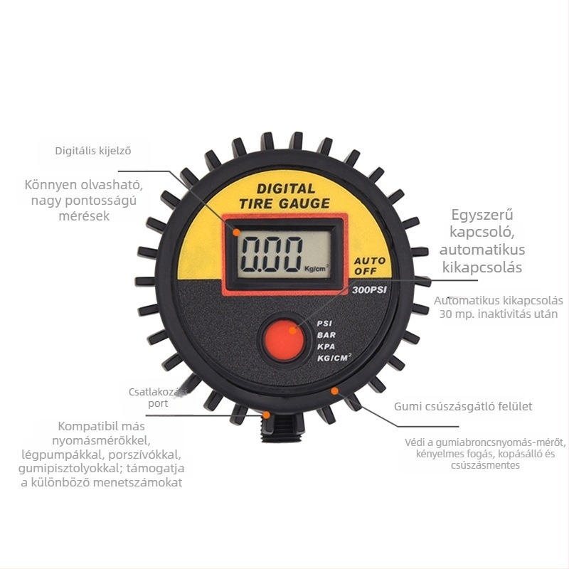 Magas pontosságú gumiabroncs-fújó digitális nyomásmérővel és LED-kijelzővel, tartomány 0-300 psi, pontosság +/-1.5 psi, ABS műanyag ház, CR2032 elem.