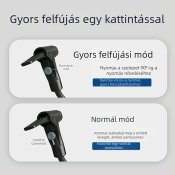Kéthengeres gumiabroncs-töltő manométerrel — szénacélból, <80W, 30 L/perc, 1–5 perc üzemidő