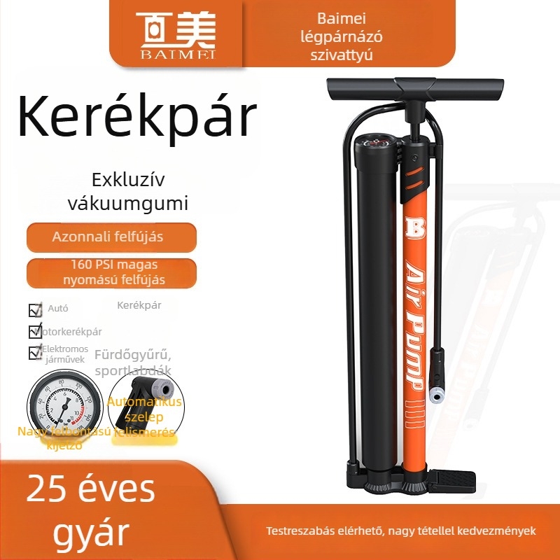 Kéthengeres gumiabroncs-töltő manométerrel — szénacélból, <80W, 30 L/perc, 1–5 perc üzemidő