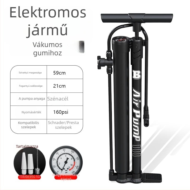 Kéthengeres gumiabroncs-töltő manométerrel — szénacélból, <80W, 30 L/perc, 1–5 perc üzemidő