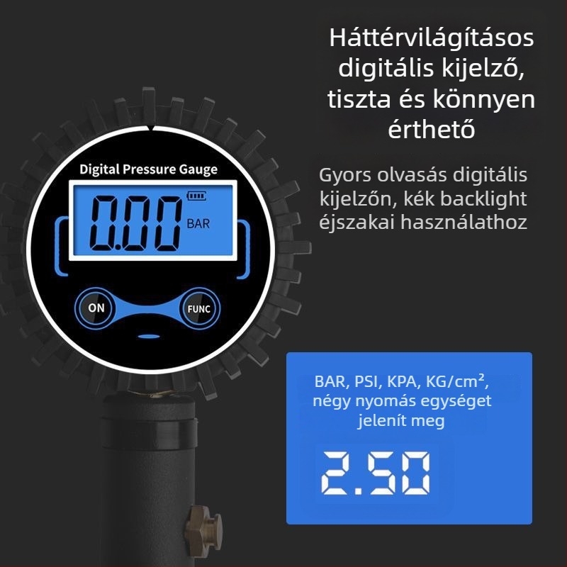 Magas pontosságú digitális guminyomásmérő fúvópisztollyal és LCD kijelzővel