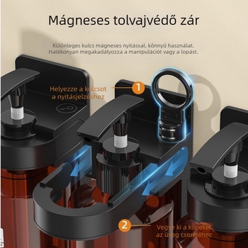 Falra szerelt mágneses szappanadagoló szállodákhoz, anti-tolvaj dizájn, kézi nyomás, ABS, fényes felület, AOLQ-OLIQI