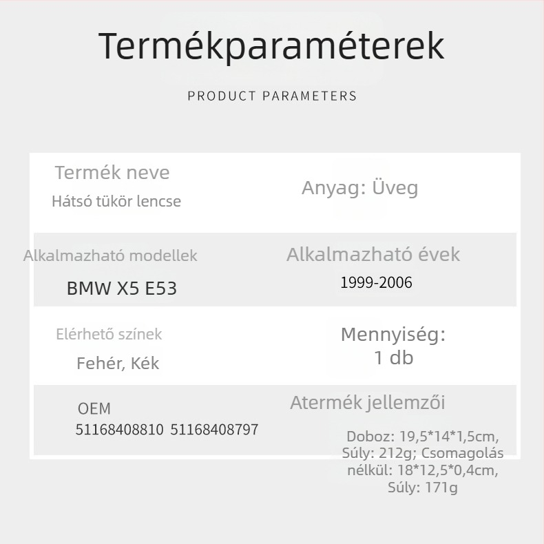 BMW X5 E53 (1999-2006) hátsó visszapillantó tükör lencséje – sík üveg csere, CZPINCHEN, modellek 51168408797, 51168408798