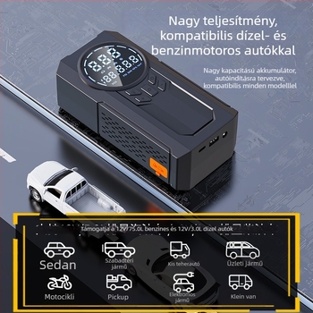 Hordozható vezeték nélküli autó inflátor 12V — 100W, 30 L/perc, Digitális kijelző, Guminyomásmérő és Figyelmeztető fény