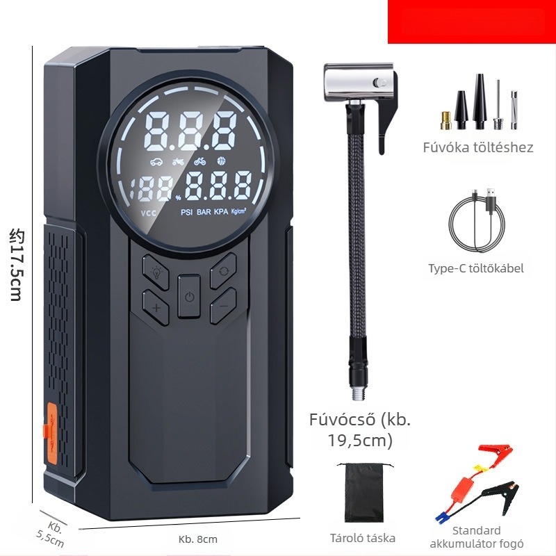 Hordozható vezeték nélküli autó inflátor 12V — 100W, 30 L/perc, Digitális kijelző, Guminyomásmérő és Figyelmeztető fény