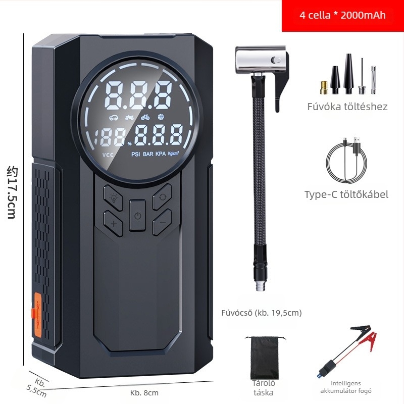 Hordozható vezeték nélküli autó inflátor 12V — 100W, 30 L/perc, Digitális kijelző, Guminyomásmérő és Figyelmeztető fény