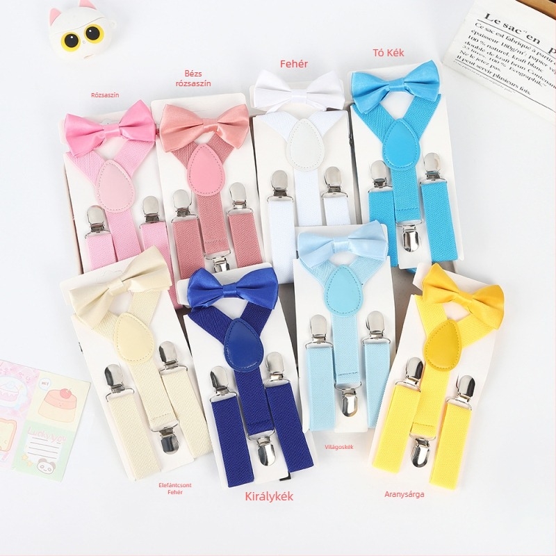 Gyermekeknek szóló nadrágtartó és csokornyakkendő készlet, uniszex, elasztikus pánt, állítható hossz, 3 csattal, keresztezett dizájn