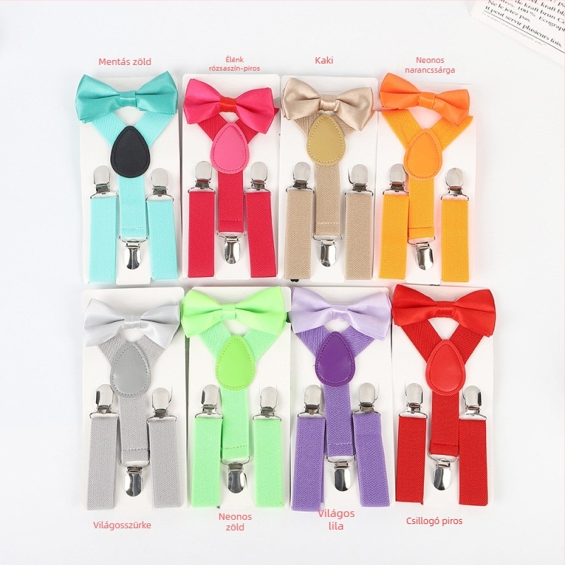 Gyermekeknek szóló nadrágtartó és csokornyakkendő készlet, uniszex, elasztikus pánt, állítható hossz, 3 csattal, keresztezett dizájn