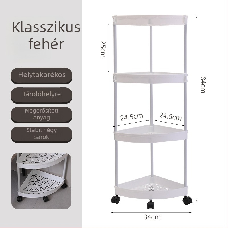 Padlóra álló sarok tároló fürdőszobába, 4 polcos, PP anyag, mozgatható, fúrás nélkül