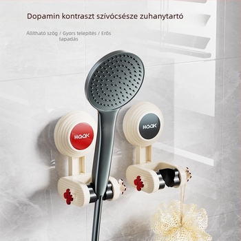 Zuhanyfej-tartó – mozgatható, fúrás nélkül (Szerelés: szívófalra szerelhető; Anyag: műanyag; Stílus: egyszerű és modern; Kategória: fürdőszobai polc)