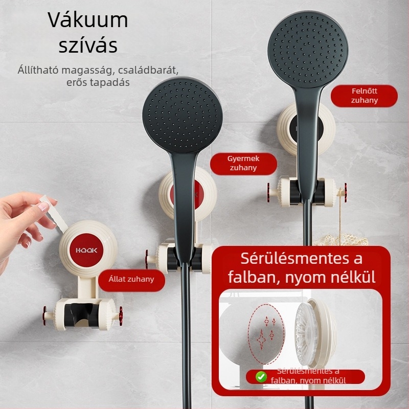 Zuhanyfej-tartó – mozgatható, fúrás nélkül (Szerelés: szívófalra szerelhető; Anyag: műanyag; Stílus: egyszerű és modern; Kategória: fürdőszobai polc)