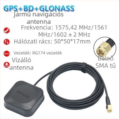 Gépjármű navigációs antenna Beidou/GPS/GLONASS háromüzemmódos, külső, aktív, nagy nyereségű — modell XLS-BDGPS-3, Xinlisheng; nyereség 35 dB; frekvenciasáv 1575.42/1561/1602 MHz; impedancia 50 Ω