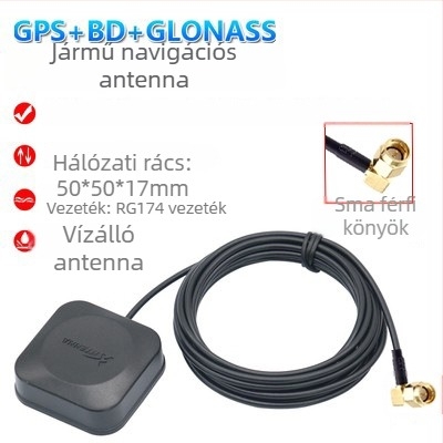 Gépjármű navigációs antenna Beidou/GPS/GLONASS háromüzemmódos, külső, aktív, nagy nyereségű — modell XLS-BDGPS-3, Xinlisheng; nyereség 35 dB; frekvenciasáv 1575.42/1561/1602 MHz; impedancia 50 Ω