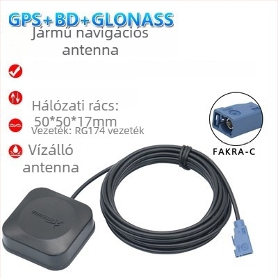 Gépjármű navigációs antenna Beidou/GPS/GLONASS háromüzemmódos, külső, aktív, nagy nyereségű — modell XLS-BDGPS-3, Xinlisheng; nyereség 35 dB; frekvenciasáv 1575.42/1561/1602 MHz; impedancia 50 Ω