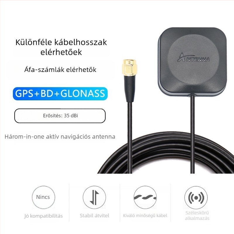 Gépjármű navigációs antenna Beidou/GPS/GLONASS háromüzemmódos, külső, aktív, nagy nyereségű — modell XLS-BDGPS-3, Xinlisheng; nyereség 35 dB; frekvenciasáv 1575.42/1561/1602 MHz; impedancia 50 Ω