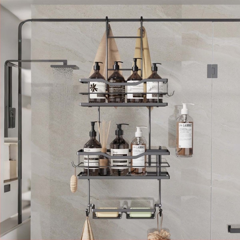 3-szintes rozsdamentes acél fürdőszobai polc, kampó típusú rögzítés, eltávolítható, fúrás nélkül, nedves és száraz tároláshoz