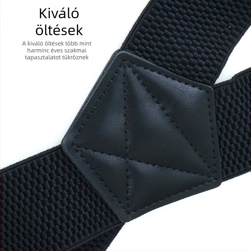 X alakú, elasztikus férfi nadrágtartó, 4 csattal, 38 mm széles, fekete kampóval.