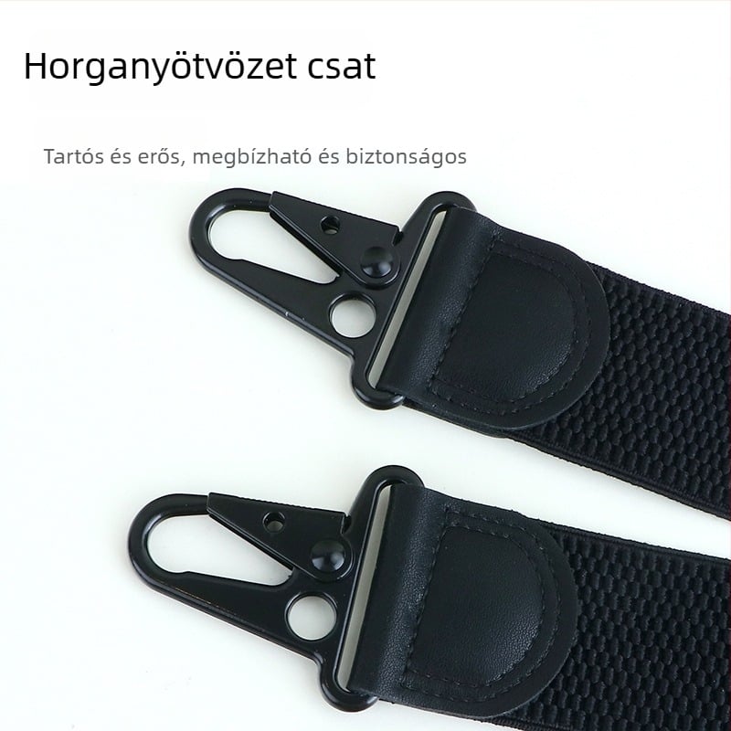 X alakú, elasztikus férfi nadrágtartó, 4 csattal, 38 mm széles, fekete kampóval.