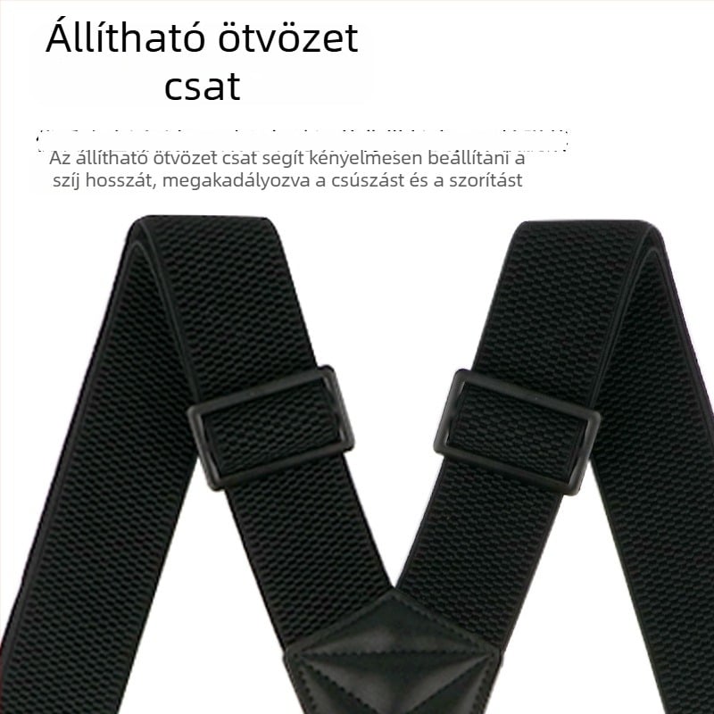 X alakú, elasztikus férfi nadrágtartó, 4 csattal, 38 mm széles, fekete kampóval.