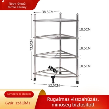 Rozsdamentes acél sarokpadlásra álló tároló fürdőszobába és konyhába, furat nélkül, 4 polcos, modern stílus