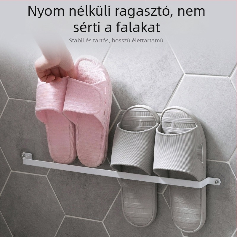 Fürdőszobai falra szerelhető papucs- és törölközőtartó – fúrás nélküli, szívó rögzítés, egy szintű