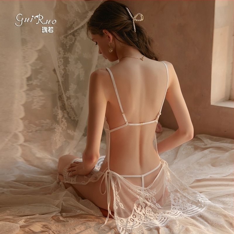 Női átlátszó hálós csipkés fehérnemű készlet nyitott hátsóval és pántokkal — 100% nylon