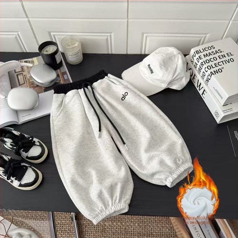 Gyerekeknek pamutból bélelt casual nadrág, középmagas derekú, betűs mintával, téli szezon, 3–8 éveseknek