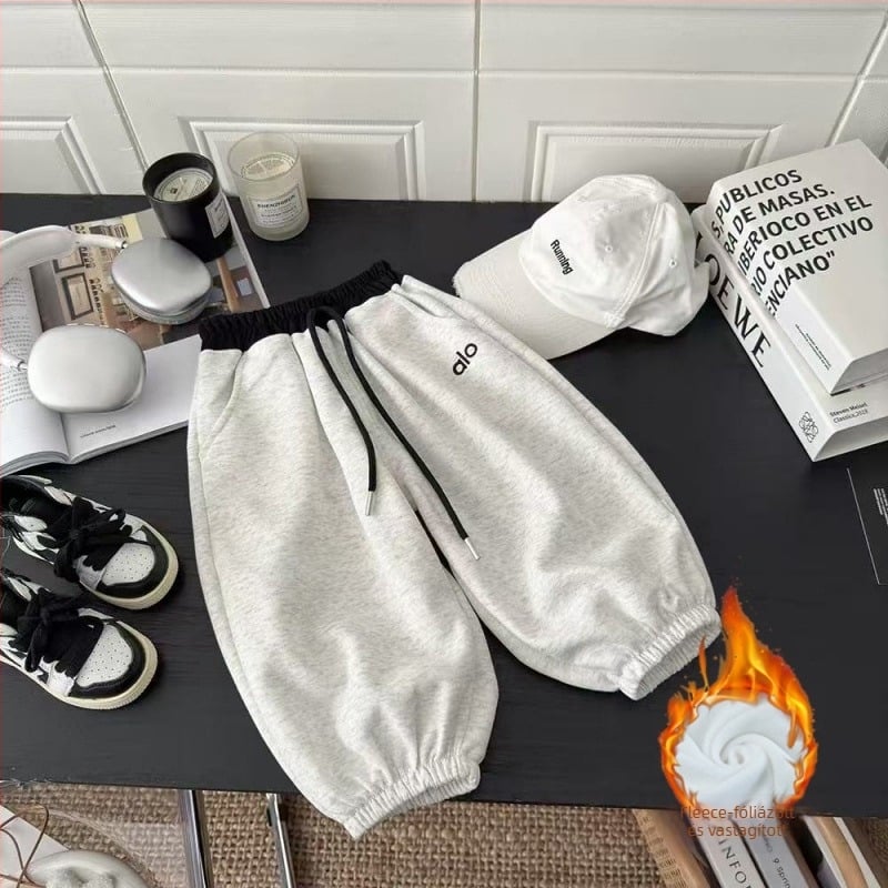 Gyerekeknek pamutból bélelt casual nadrág, középmagas derekú, betűs mintával, téli szezon, 3–8 éveseknek