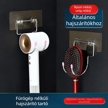 Rozsdamentes acél hajszárító tároló állvány, 1 szint, kampó típusú felszerelés, teherbírás 2 kg, ideális fürdőszobába és hálószobába