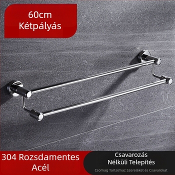 Törölközőtartó, 304 rozsdamentes acél, tükrös felület, 2 réteg, egylábas és dupla rúd dizájn, teherbírás 30 kg