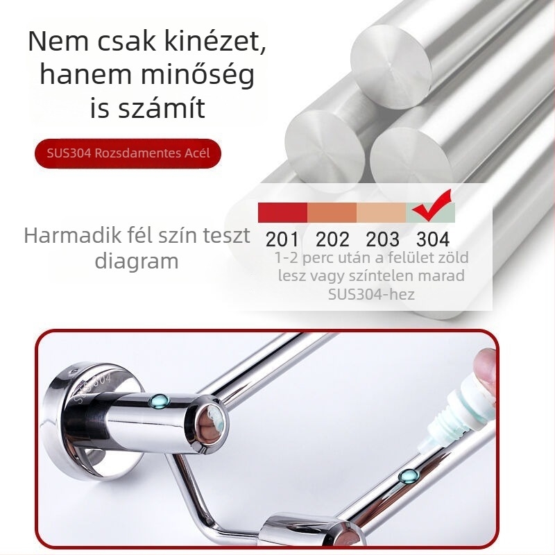 Törölközőtartó, 304 rozsdamentes acél, tükrös felület, 2 réteg, egylábas és dupla rúd dizájn, teherbírás 30 kg