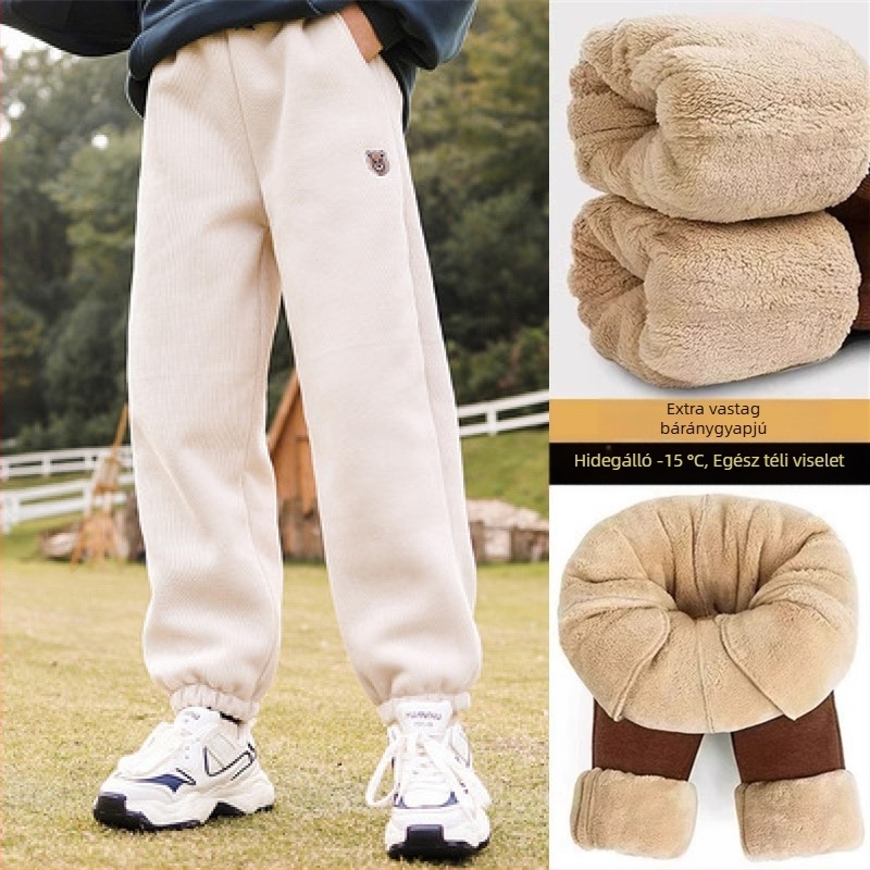 Gyerekek téli fleece-belelt sportnadrág kartún mintával, középmagas derekú, 95% poliészter, puha tapintású anyag