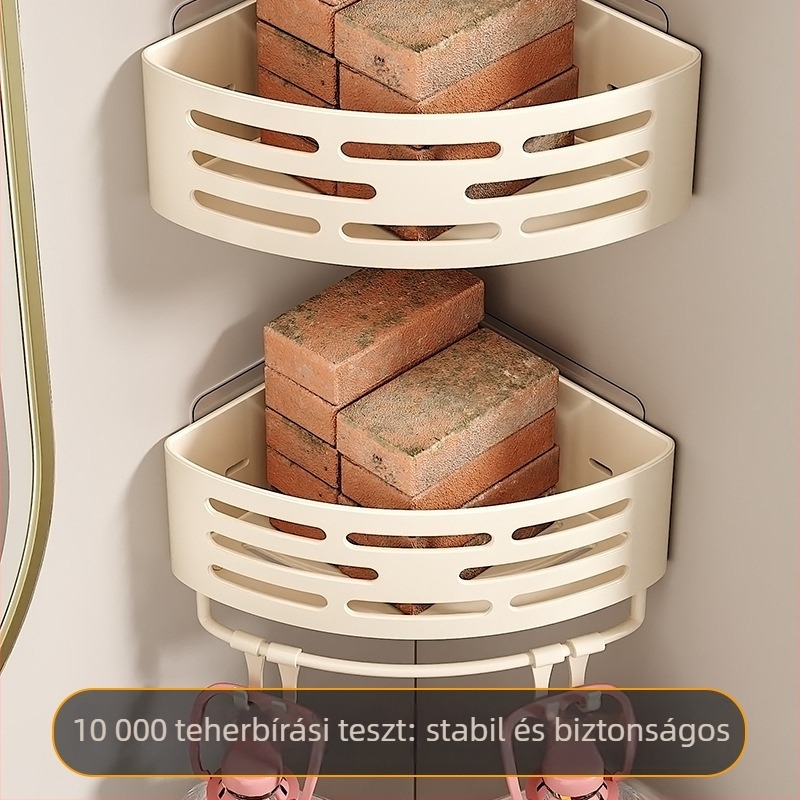 Fürdőszobai sarokpolc falra, fúrás nélkül, háromszög alakú dizájn, 1 polc, 10 kg teherbírás (műanyag spray bevonat)