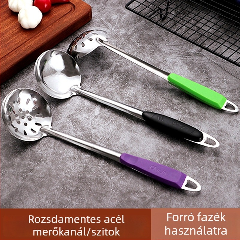 Rozsdamentes acél leveskanál hőszigetelt nyéllel és forró fazék szűrővel